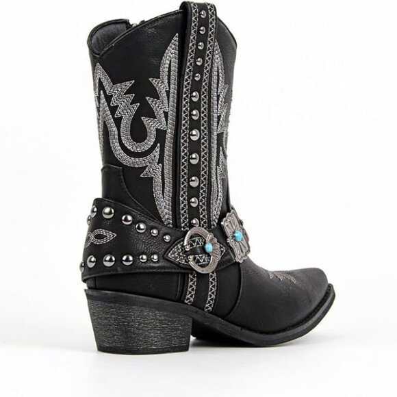 Women's Black Ankle High Embroidery Pointed Toe Cowgirl Boots Rodeo Country - Picture 4 of 4